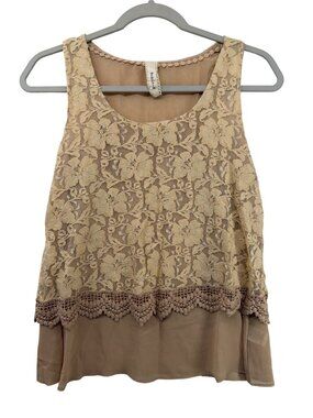 Robin-K Womens Top Sz S Taupe Lace Tank Femme Floral Fairy Minimalist Capsule